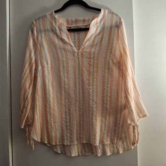 Michael Kors Women's Striped Sheer Pink, White, and Tan Blouse - Picture 1 of 6